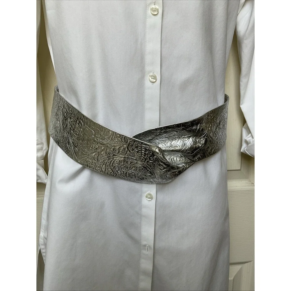 Nina Arjani Leatherlock Metallic Silver Leather Belt Crossover Statement Belt